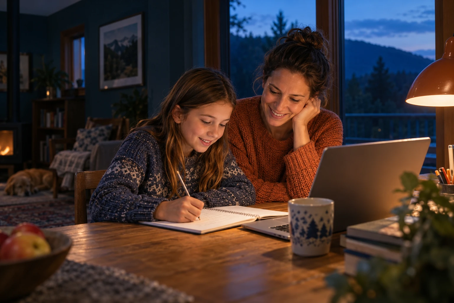 Illustrative photograph of a mother and daughter learning together at home with a laptop