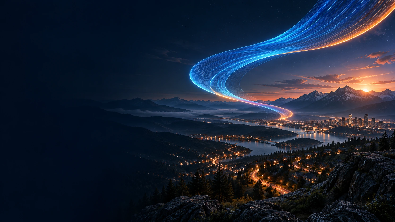 Conceptual landscape artwork with a luminous blue and orange ribbon connecting communities across a valley