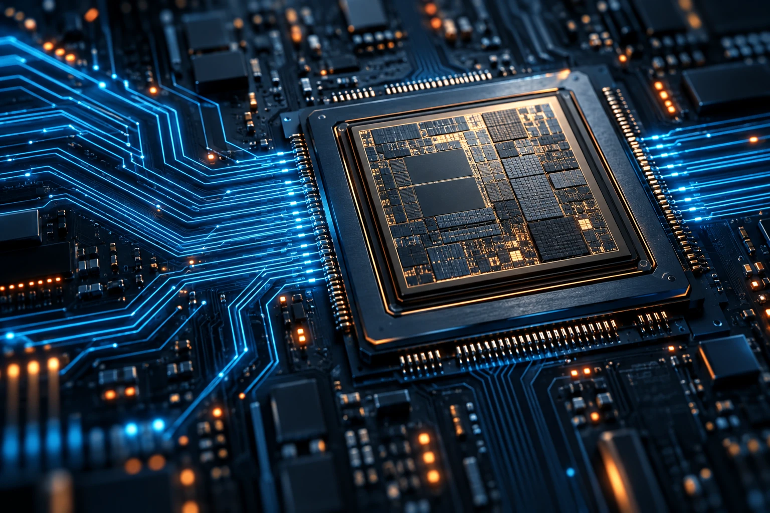 Conceptual semiconductor artwork showing signal paths; not an actual Tarana chipset